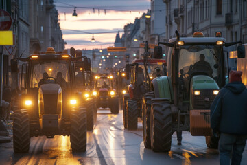 Striking tractor drivers block city streets and create traffic jams - obrazy, fototapety, plakaty