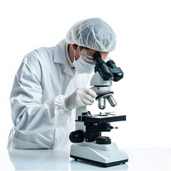 A scientist examining a new compound under a microscope isolated on white background, minimalism, png
 - obrazy, fototapety, plakaty