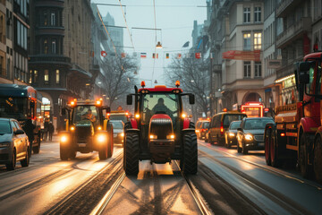 Farmers' strike on tractors. Protest of tractor drivers on the streets of a European city. Rally, demonstration and manifestation expression of discontent - obrazy, fototapety, plakaty