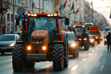 Farmers' strike on tractors. Protest of tractor drivers on the streets of a European city. Rally, demonstration and manifestation expression of discontent