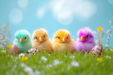 Naklejka premium Amidst the lush blades of grass, a flock of adorable gallinaceous bird hatchlings roam freely, their fluffy feathers and curious chirps bringing life to the serene outdoor scene, while a lone ducklin