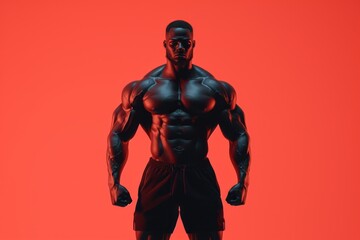 Fototapeta na wymiar Silhouette of a muscular man posing against a red background, showcasing strength and fitness.
