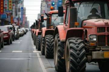 Farmers' strike on tractors. Protest of tractor drivers on the streets of a European city. Rally, demonstration and manifestation expression of discontent