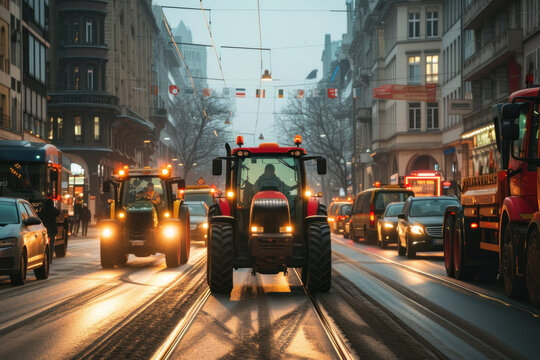Fototapeta Farmers' strike on tractors. Protest of tractor drivers on the streets of a European city. Rally, demonstration and manifestation expression of discontent