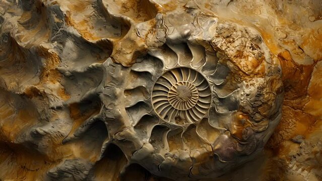 A closeup photo shows the intricate patterns and textures of a fossilized ammonite shell delicately uncovered through a process of acid preparation.