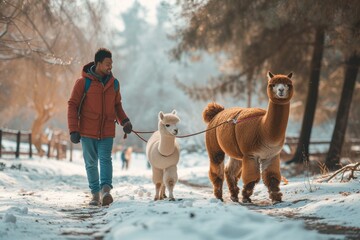 Amidst the serene winter landscape, a man braves the cold to guide his loyal llama and two fluffy alpacas through the snow-covered ground, their warm clothing contrasting against the bare tree branch