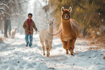 In the midst of a winter wonderland, a man proudly leads a llama while a bundled-up boy follows on a leash, surrounded by snow-covered trees and the gentle presence of an alpaca