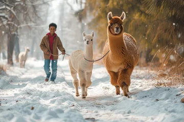 Photo sur Aluminium brossé Lama In the midst of a winter wonderland, a man proudly leads a llama while a bundled-up boy follows on a leash, surrounded by snow-covered trees and the gentle presence of an alpaca