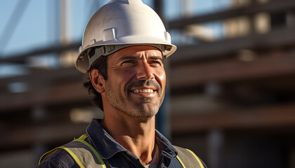 A man with a beard and a helmet on his head in a work uniform works at a construction site