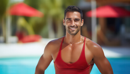 Man with athletic body in red tank top lifeguard near swimming pool - Powered by Adobe