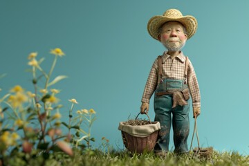 Smiling elderly farmer figurine with straw hat, holding a basket, standing in a field with yellow flowers against a blue sky.