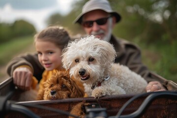 A young girl and her father, dressed in warm clothing, sit contently in a wagon with their three beloved dogs, a playful labradoodle, a regal poodle crossbreed, and a loyal terrier, as they journey t