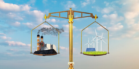 Concept of conventional polluting energy factory versus renewable energy with turbines and solar panels on a balance scale - 728535554