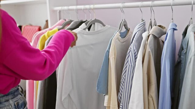 A woman in a vivid sweater browses through various shirts hanging in a modern, well-lit dressing room.