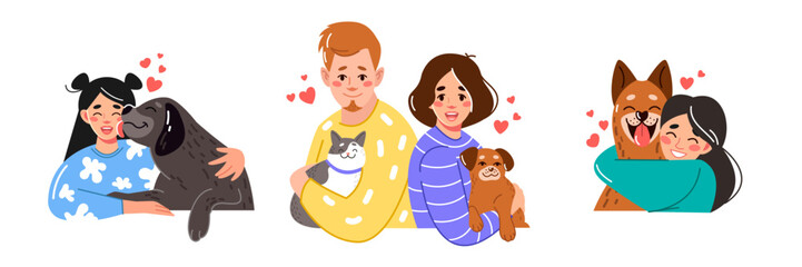 Vector portraits of pet owners. People hug, hold adorable dogs and cats in their arms. A flat graphic illustration for a mobile application or website