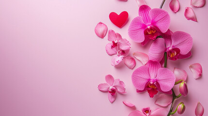 Fototapeta na wymiar Valentine's Day Themed Orchids Laying on Pastel Pink Flat Lay with Heart-Shaped Petals - With Copy Space in Tender Feminine and Romantic Color Tones