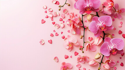 Valentine's Day Themed Orchids Laying on Pastel Pink Flat Lay with Heart-Shaped Petals - With Copy Space in Tender Feminine and Romantic Color Tones