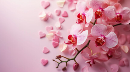 Valentine's Day Themed Orchids Laying on Pastel Pink Flat Lay with Heart-Shaped Petals - With Copy Space in Tender Feminine and Romantic Color Tones
