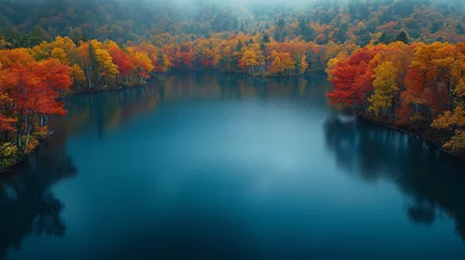 Fotobehang Quiet autumn scene with trees, mountains, river, and colorful foliage reflecting in tranquil waters, surrounded by lush greenery and a clear blue sky © ภูริพัฒน์ ภิรมย์กิจ