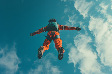 Back view of a skydiver wearing orange suit and protective helmet in free fall. Athlete with parachute against the background of blue sky with white clouds. - obrazy, fototapety, plakaty