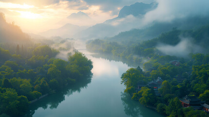 Misty morning in the mountains, fog over the river, with trees and clouds, creating a serene natural landscape under the morning sky