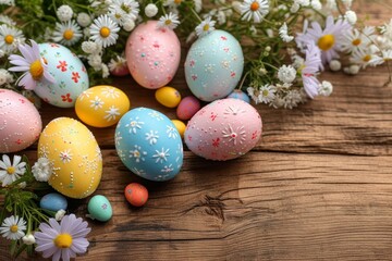 Obraz premium Vibrant easter eggs and delicate flowers unite in a cheerful display of springtime celebration and artistic egg decorating