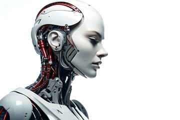robot woman profile isolated on white background - obrazy, fototapety, plakaty