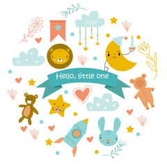 Vector card hello little one with cute decor