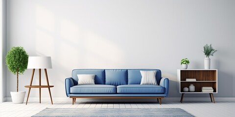 Blue sofa, rug, wood table in white flat.