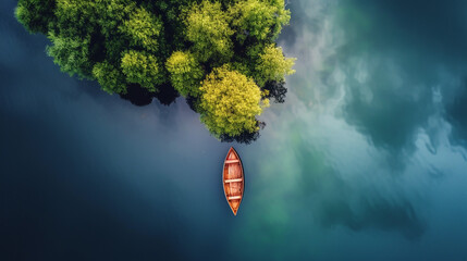 Boat in the lake, aerial view. 