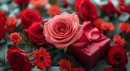 Elegant pink rose atop a gift box surrounded by red flowers and leaves, symbolizing romance and love.