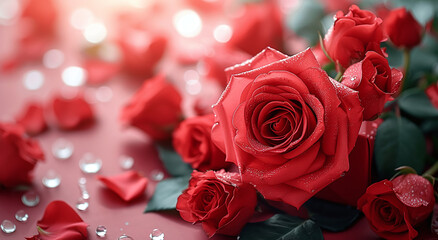 Vibrant red roses with dewdrops on petals, symbolizing romance and love, on a soft-focus background.