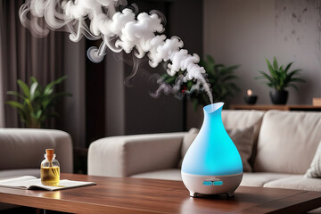 Aroma oil diffuser with rising steam flow on table in living room.