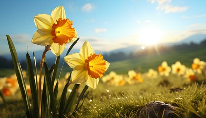yellow daffodils in spring. daffodil flower blooming on green grass field under the sunshine during spring time. Yellow flower closeup