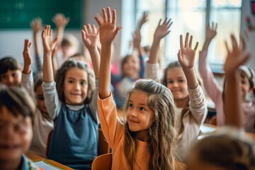 Fototapeta premium Students raising their hands in class at the elementary school, Generative AI