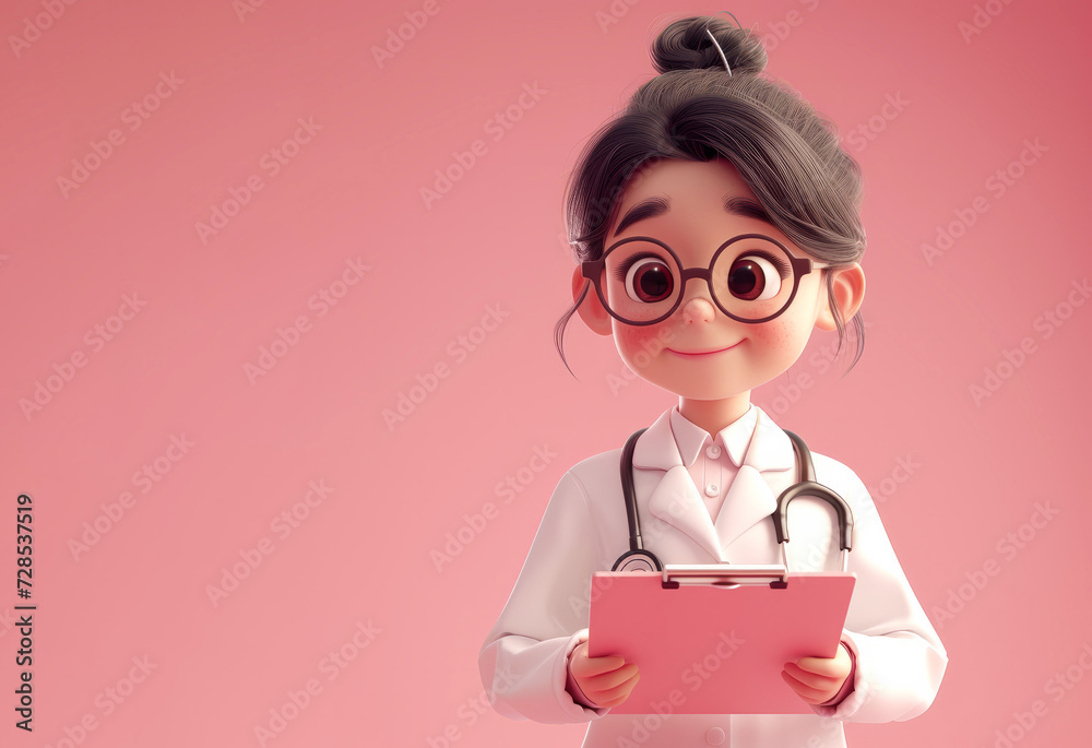 Wall mural 3D style cute cartoon character of a female doctor against a bright color background