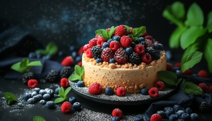 Dessert, with berries, cake on a black background.,  and blueberry cheesecake, 