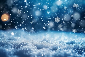 Falling snowflakes on night sky white background. Bokeh with white snow and snowflakes on a blue background, Generative AI
