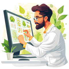 A biologist using ai to analyze ecological data isolated on white background, cartoon style, png
 - obrazy, fototapety, plakaty