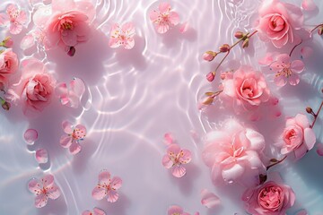 Water background. Pink aqua texture, surface of ripples, white, flower, shadows and sunlight. Spa and cosmetic concept background. Flat lay, top, Generative AI