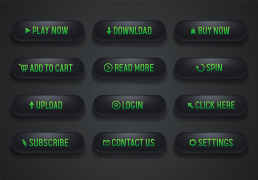 Matte black buttons with green letters. Buttons for website. Set of vector 3D buttons isolated on black background.