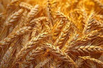 Top view of wheat ears in sunny field of wheat in a summer or autumn day. Harvesting period, Generative AI