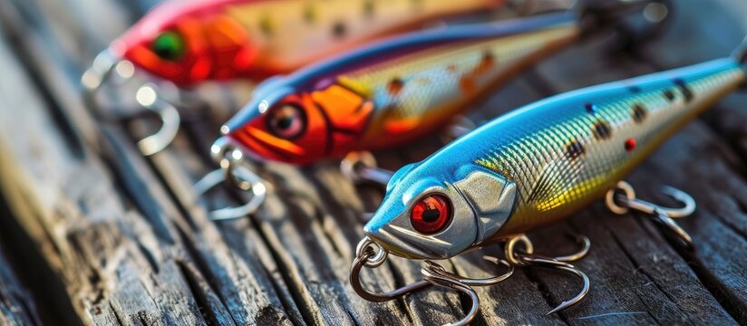 Minnow spinning lures on wooden surface.