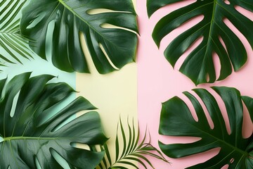 Fototapeta na wymiar Tropical leaves Monstera on pink background. Flat lay, top view, Generative AI