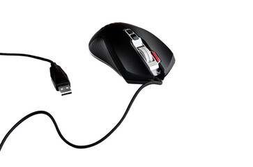 Black wired computer mouse on white background