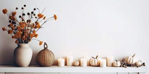 Minimalist fall decor in a cozy Scandinavian home - wicker pumpkins, candles, flowers on wooden console with white wall backdrop.