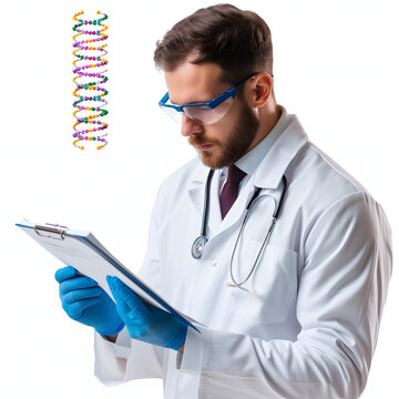 A scientist researching gene editing technology isolated on white background, detailed, png
