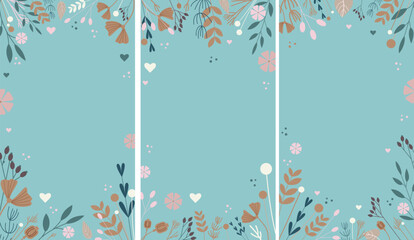 Abstract soft colors dry flowers set of backgrounds for social media, Instagram, TikTok or vertical video story posting. Vector flat illustration.