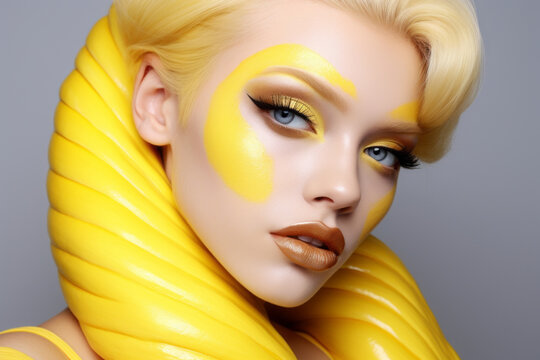Portrait closeup of a blonde hair woman with creative yellow makeup