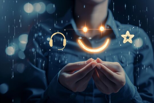 Smiley emojis happy smile beaming faces. Icon emoticons jovial considerate client communication. Interpersonal warmth touch solace symbolized Customer Assistance conversational star face expressions.